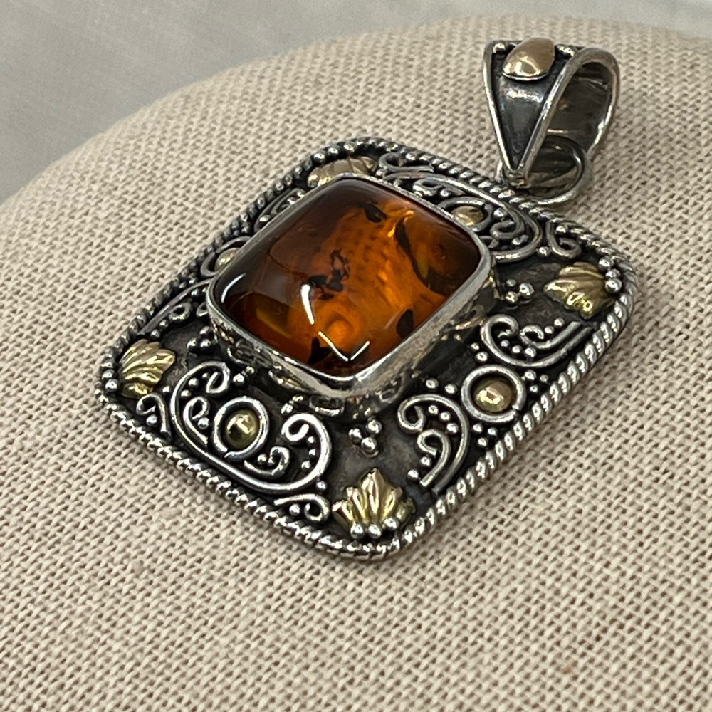 Rare Vintage BA Bali Suarti Amber Pendant Sterling Silver & 18K Gold - Picture 5 of 16